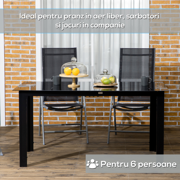  Masa de Gradina cu Blat din Sticla Securizata 150x90 cm pentru 6 Persoane, Masa de Luat Pranzul pentru Exterior, Dreptunghiulara, din Aluminiu, pentru Terasa, Balcon, Neagra [6]