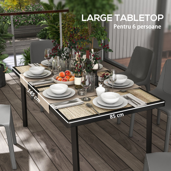  Masa de Gradina cu Blat Efect Lemn din Plastic, 145x85 cm pentru 6 Persoane, Masa de Exterior Dreptunghiulara, Picioare din Otel, pentru Terasa, Balcon, Gri [6]