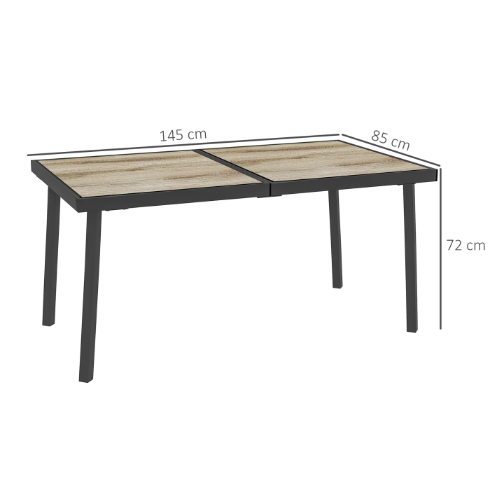  Masa de Gradina cu Blat Efect Lemn din Plastic, 145x85 cm pentru 6 Persoane, Masa de Exterior Dreptunghiulara, Picioare din Otel, pentru Terasa, Balcon, Gri [3]