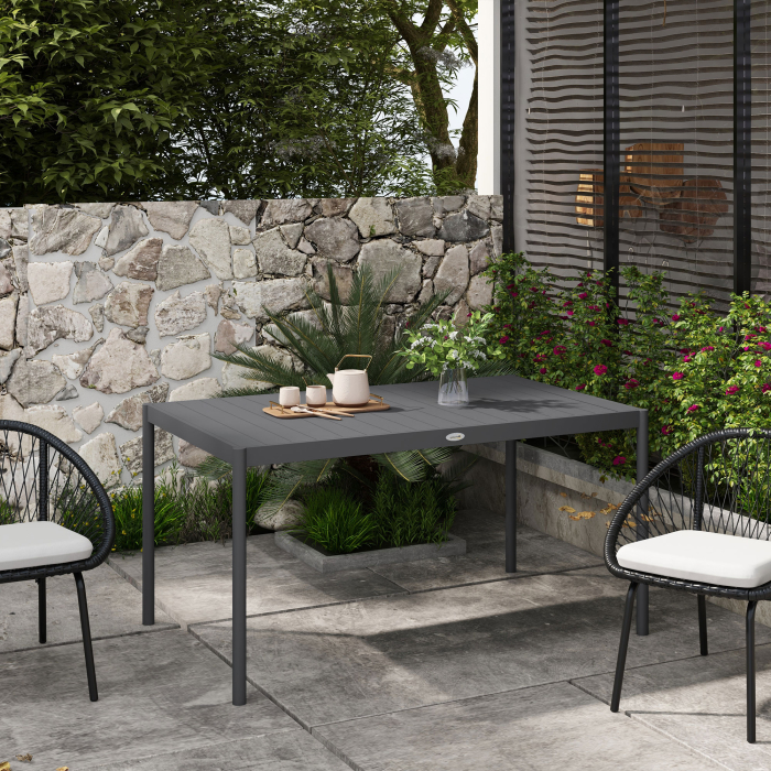  Masa de Gradina cu Lamele, Dimensiuni 145x90 cm, Masa de Dining pentru 6 Persoane, Rectangulara, din Aluminiu si Otel, pentru Curte, Terasa, Balcon si Exterior, Gri inchis [2]