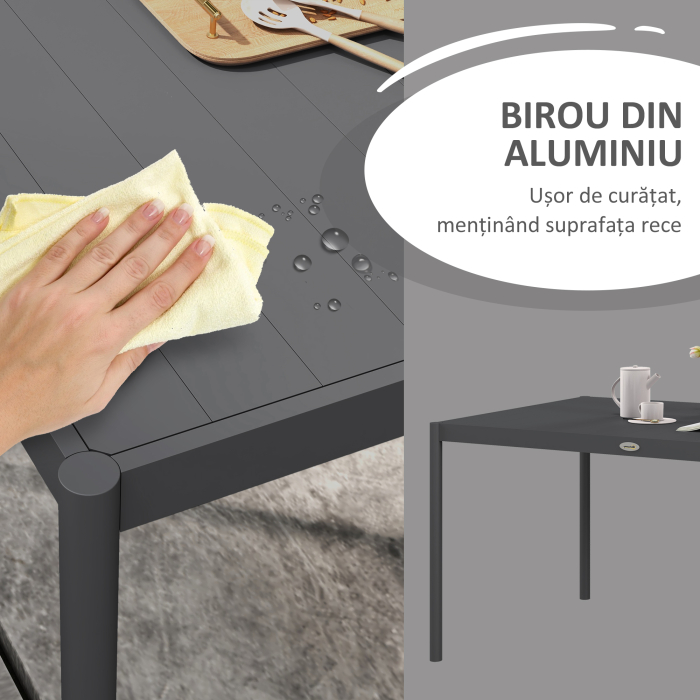  Masa de Gradina cu Lamele, Dimensiuni 145x90 cm, Masa de Dining pentru 6 Persoane, Rectangulara, din Aluminiu si Otel, pentru Curte, Terasa, Balcon si Exterior, Gri inchis [5]