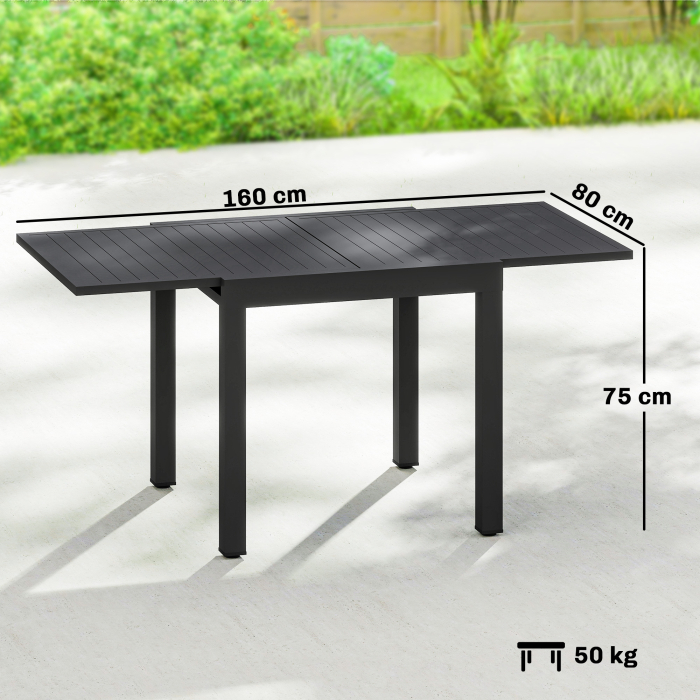  Masa de Gradina Extensibila pentru 4-6 Persoane 80/160x80 cm, Masa de Pranz pentru Exterior din Aluminiu cu Blat Lamelar, pentru Terasa, Balcon, Negru [3]