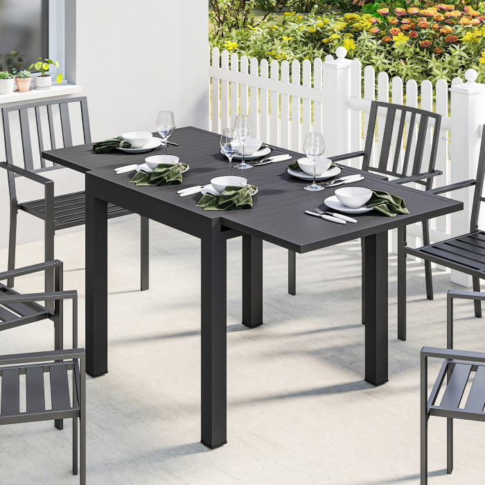  Masa de Gradina Extensibila pentru 4-6 Persoane 80/160x80 cm, Masa de Pranz pentru Exterior din Aluminiu cu Blat Lamelar, pentru Terasa, Balcon, Negru [2]