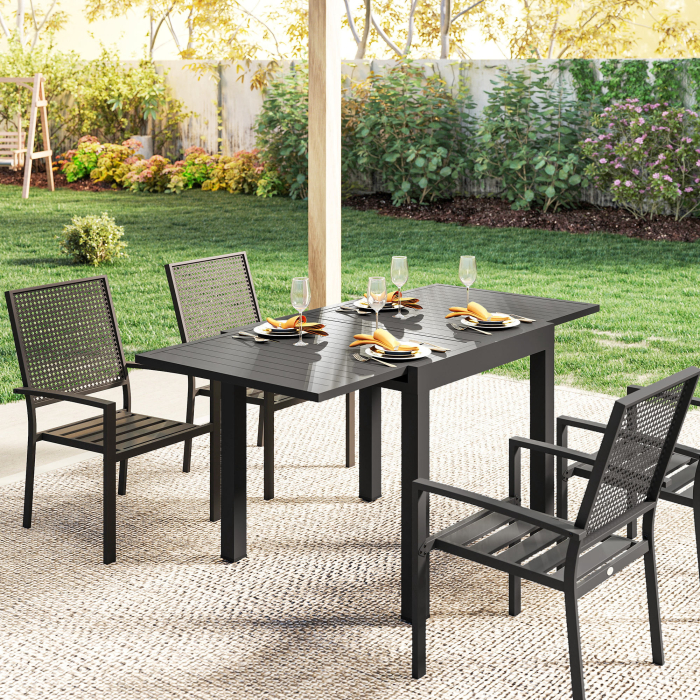  Masa de Gradina Extensibila pentru 4-6 Persoane 80/160x80 cm, Masa de Pranz pentru Exterior din Aluminiu cu Blat Lamelar, pentru Terasa, Balcon, Negru [9]