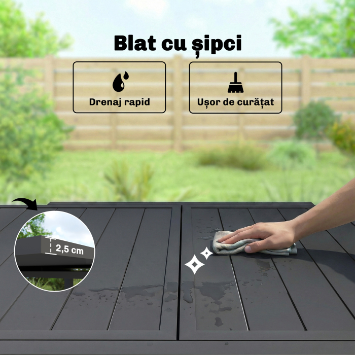  Masa de Gradina Extensibila pentru 4-6 Persoane 80/160x80 cm, Masa de Pranz pentru Exterior din Aluminiu cu Blat Lamelar, pentru Terasa, Balcon, Negru [6]