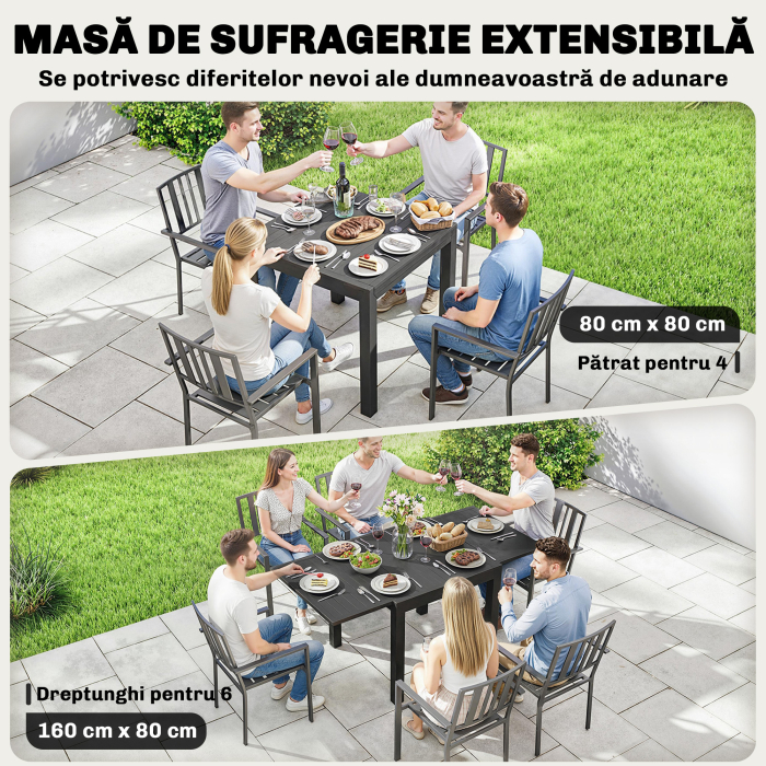  Masa de Gradina Extensibila pentru 4-6 Persoane 80/160x80 cm, Masa de Pranz pentru Exterior din Aluminiu cu Blat Lamelar, pentru Terasa, Balcon, Negru [4]