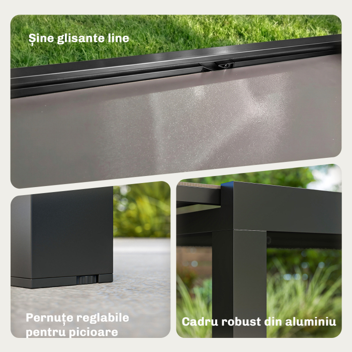  Masa de Gradina Extensibila pentru 8-10 Persoane 140/240x90 cm, Masa de Dining Extensibila cu Blat din Sticla Securizata, Masa de Exterior pentru Terasa, Balcon, Negru [6]
