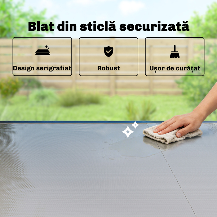  Masa de Gradina Extensibila pentru 8-10 Persoane 140/240x90 cm, Masa de Dining Extensibila cu Blat din Sticla Securizata, Masa de Exterior pentru Terasa, Balcon, Negru [5]