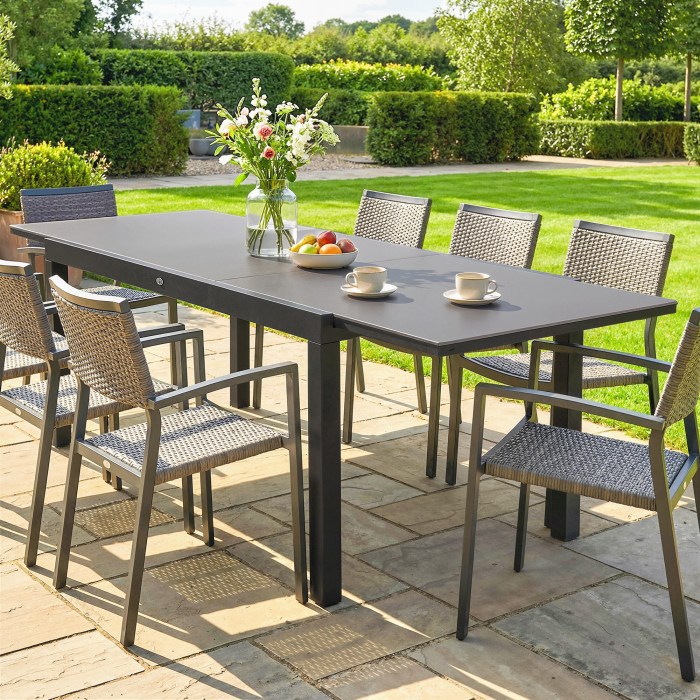  Masa de Gradina Extensibila pentru 8-10 Persoane 140/240x90 cm, Masa de Dining Extensibila cu Blat din Sticla Securizata, Masa de Exterior pentru Terasa, Balcon, Negru [8]