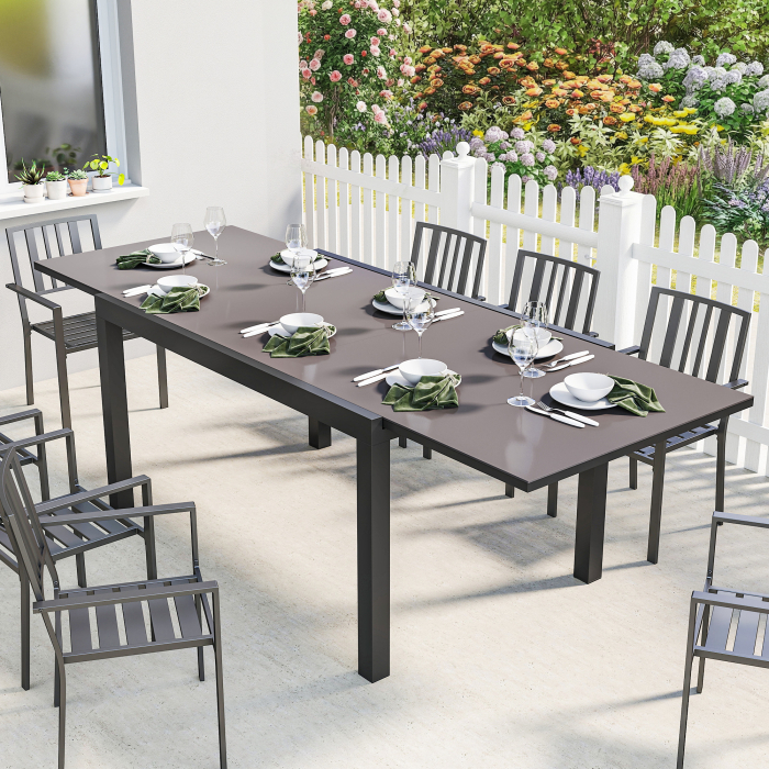 Masa de Gradina Extensibila pentru 8-10 Persoane 140/240x90 cm, Masa de Dining Extensibila cu Blat din Sticla Securizata, Masa de Exterior pentru Terasa, Balcon, Negru [2]