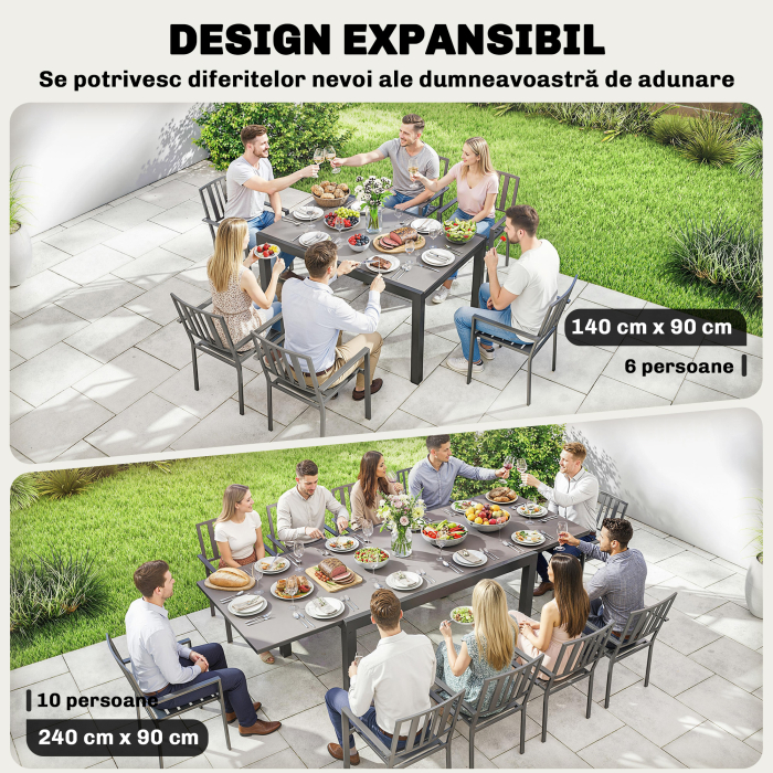  Masa de Gradina Extensibila pentru 8-10 Persoane 140/240x90 cm, Masa de Dining Extensibila cu Blat din Sticla Securizata, Masa de Exterior pentru Terasa, Balcon, Negru [4]