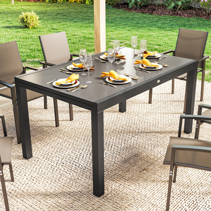  Masa de Gradina Extensibila pentru 8-10 Persoane 140/240x90 cm, Masa de Dining Extensibila cu Blat din Sticla Securizata, Masa de Exterior pentru Terasa, Balcon, Negru [7]