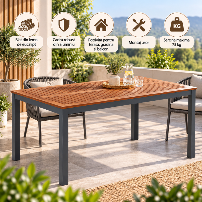 Masa de gradina Genua dreptunghiulara, cu blat din lemn de eucalipt si cadru rezistent din aluminiu, design modern pentru servirea mesei si relaxare p [3]