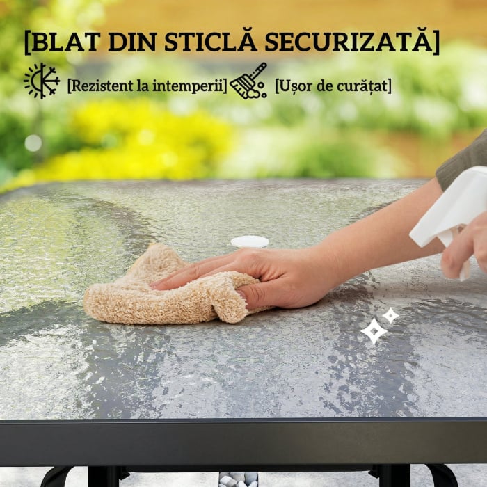  Masa de gradina patrata pentru 4 persoane cu blat din sticla si orificiu pentru umbrela Ø54 mm, negru [6]