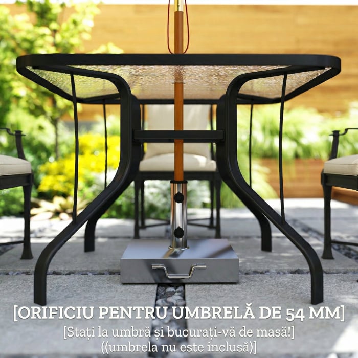  Masa de gradina patrata pentru 4 persoane cu blat din sticla si orificiu pentru umbrela Ø54 mm, negru [5]