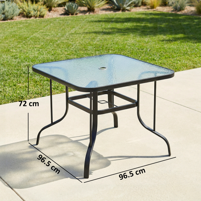 Masa de gradina patrata pentru 4 persoane cu blat din sticla si orificiu pentru umbrela Ø54 mm, negru [3]
