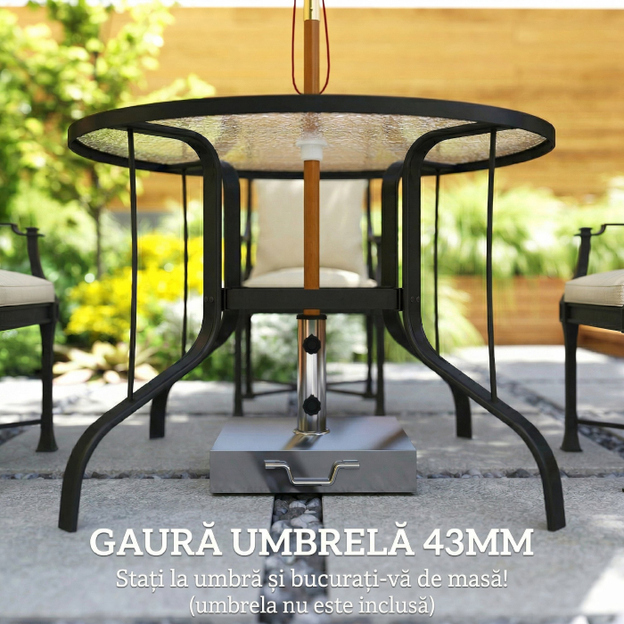  Masa de Gradina Rotunda cu Orificiu pentru Umbrela, din Metal si Sticla Temperata, Ø96,5x71 cm, Neagra [5]