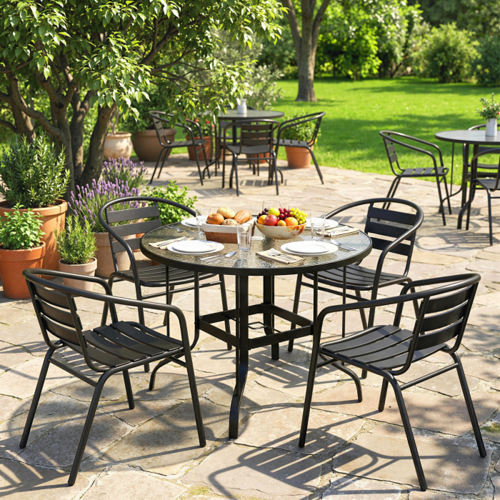  Masa de Gradina Rotunda cu Orificiu pentru Umbrela, din Metal si Sticla Temperata, Ø96,5x71 cm, Neagra [2]