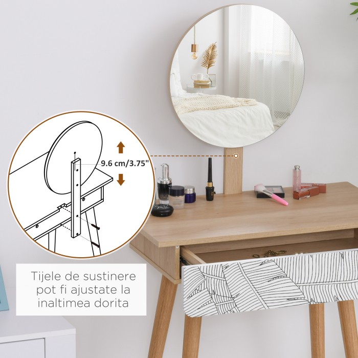  Masa de Machiaj - Alb & Stejar, Oglinda Rotunda & Sertar [4]