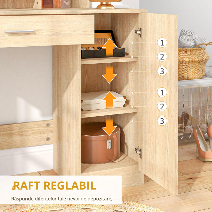  Masa de Machiaj cu Dulap, Sertar, Rafturi si Oglinda, lemn natural [5]