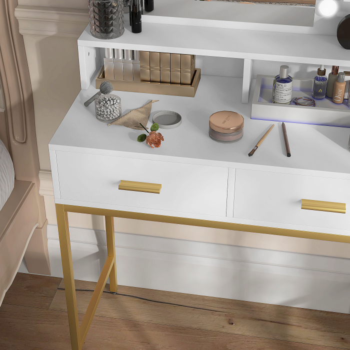  Masa de Machiaj cu Oglinda LED si Scaun, 2 Sertare, 5 Rafturi, pentru Baie, Alb [9]