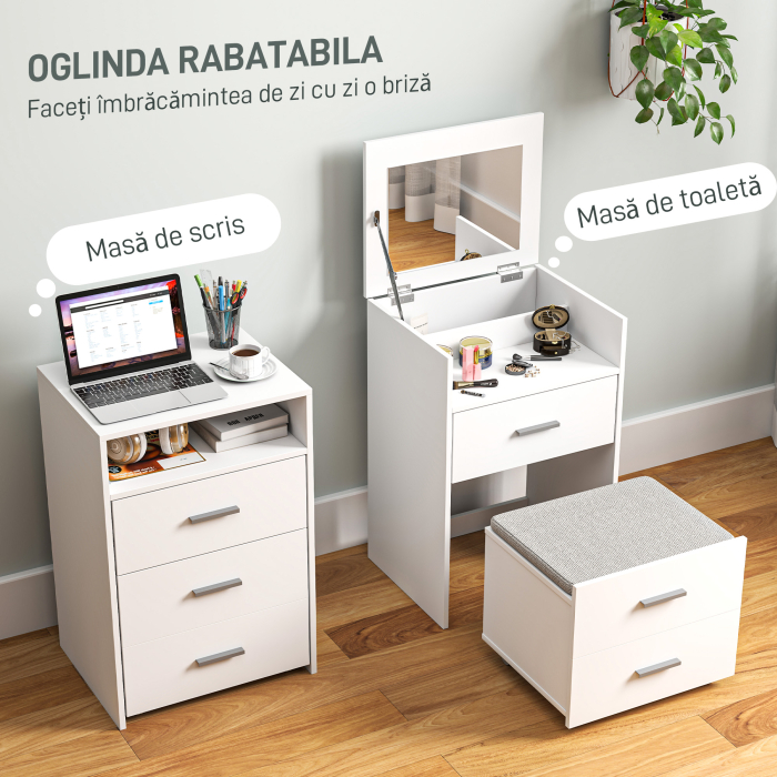  Masa de Machiaj din Lemn cu Oglinda Rabatabila, 2 Sertare si Taburet, 50x40x113,5 cm, Alb [4]