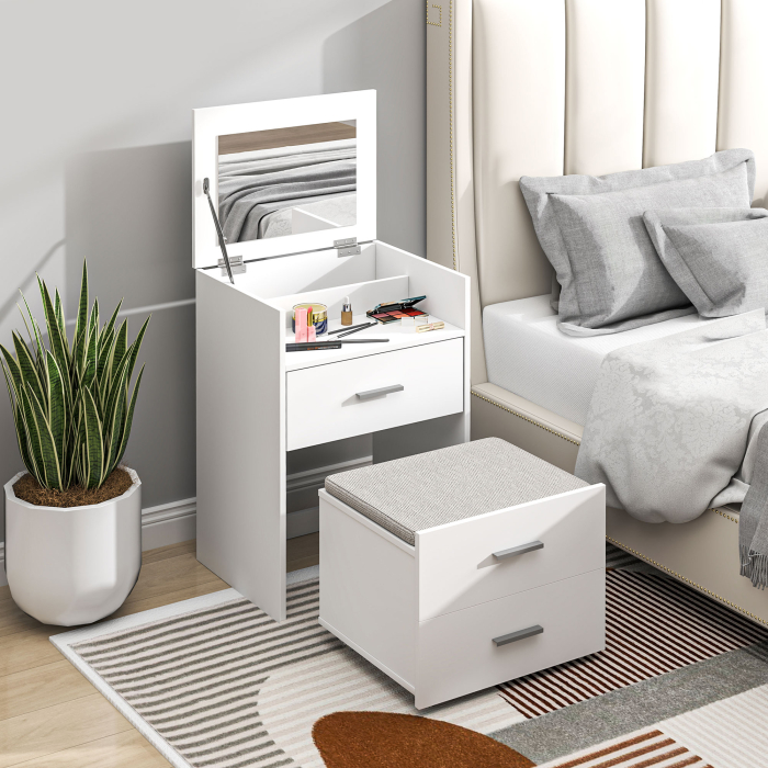  Masa de Machiaj din Lemn cu Oglinda Rabatabila, 2 Sertare si Taburet, 50x40x113,5 cm, Alb [2]