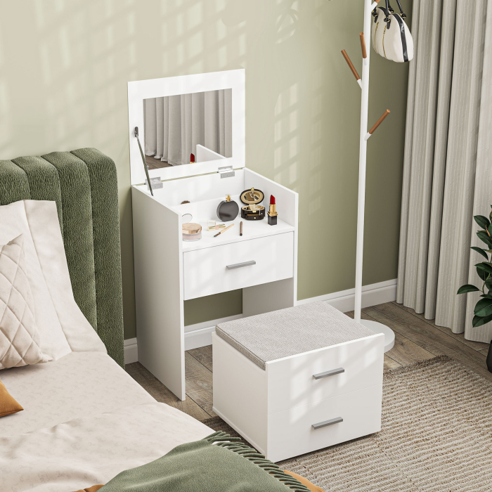 Masa de Machiaj din Lemn cu Oglinda Rabatabila, 2 Sertare si Taburet, 50x40x113,5 cm, Alb [9]
