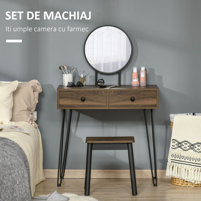  Masa de Machiaj in Stil Industrial, Set Masa de Toaleta cu Taburet si Oglinda de Machiaj, Postatie de Machiaj din Lemn si Metal pentru camera [4]