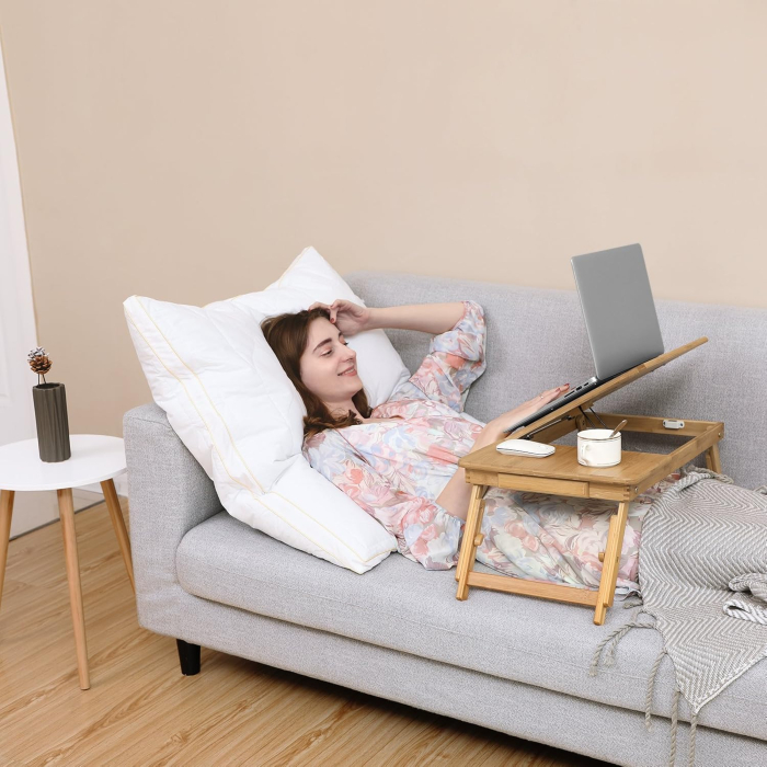 Masa de pat pentru laptop, plabila si reglabila, bambus, 55x35x29 cm, maro [7]