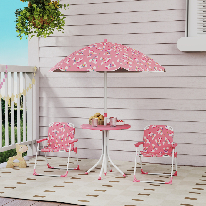  Masa de Picnic pentru Copii, Set Masa si Scaune cu 2 Scaune Pliabile si Umbrela Detasabila, Tema Jungla, Mobilier de Exterior pentru Gradina, Patio, Roz [2]