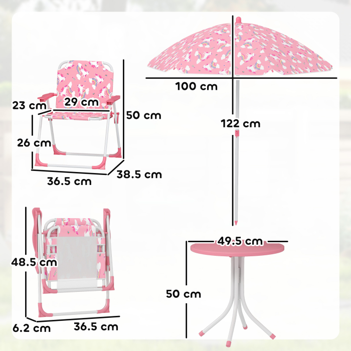  Masa de Picnic pentru Copii, Set Masa si Scaune cu 2 Scaune Pliabile si Umbrela Detasabila, Tema Jungla, Mobilier de Exterior pentru Gradina, Patio, Roz [3]