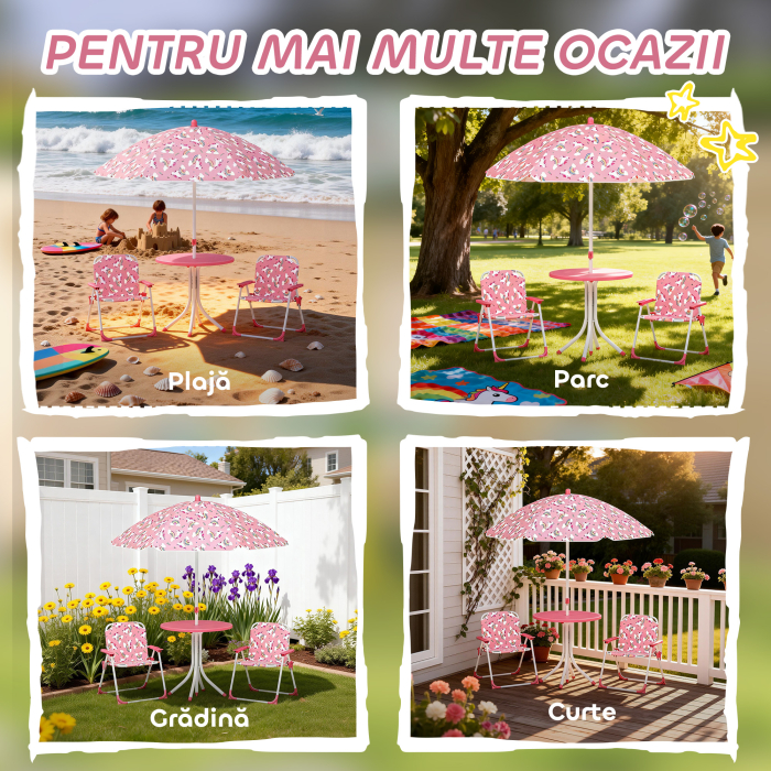  Masa de Picnic pentru Copii, Set Masa si Scaune cu 2 Scaune Pliabile si Umbrela Detasabila, Tema Jungla, Mobilier de Exterior pentru Gradina, Patio, Roz [7]
