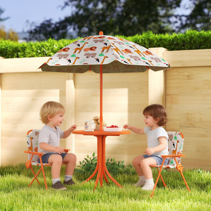  Masa de Picnic pentru Copii, Set Masa si Scaune cu 2 Scaune Pliabile si Umbrela Detasabila, Tematica Jungla, Mobilier de Exterior pentru Gradina, Patio, Portocaliu [2]