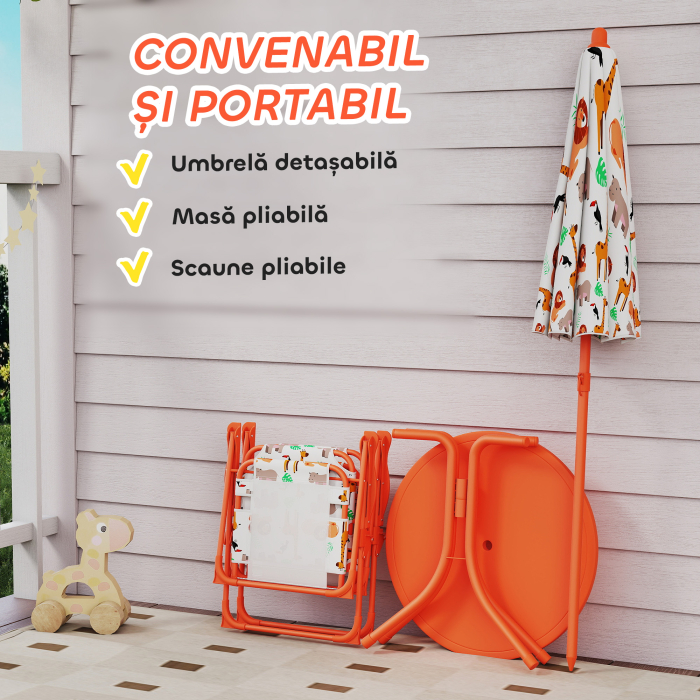  Masa de Picnic pentru Copii, Set Masa si Scaune cu 2 Scaune Pliabile si Umbrela Detasabila, Tematica Jungla, Mobilier de Exterior pentru Gradina, Patio, Portocaliu [5]