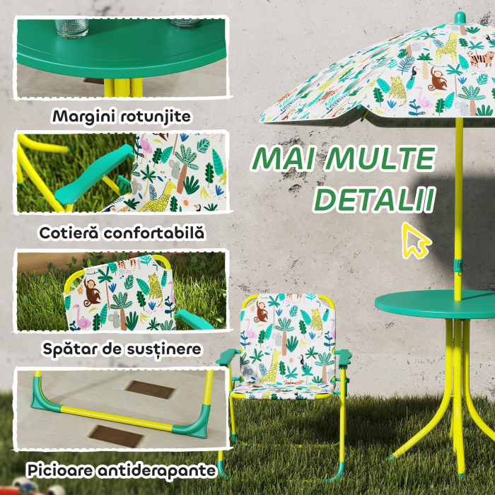  Masa de Picnic pentru Copii, Set Masa si Scaune cu Umbrela Verde [6]