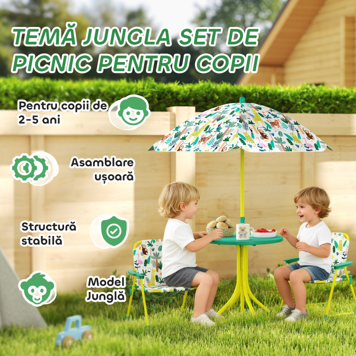  Masa de Picnic pentru Copii, Set Masa si Scaune cu Umbrela Verde [4]
