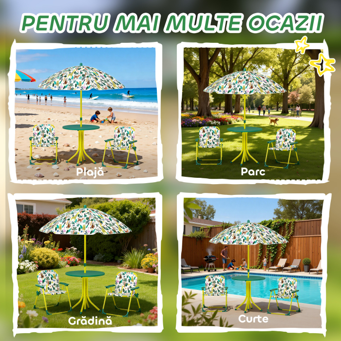  Masa de Picnic pentru Copii, Set Masa si Scaune cu Umbrela Verde [7]
