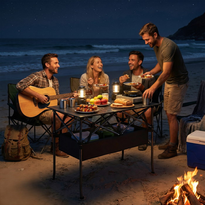 Masa de Picnic Pliabila si Portabila  cu Plasa de Depozitare si Geanta de Transport, pentru Camping si Exterior, Neagra [9]
