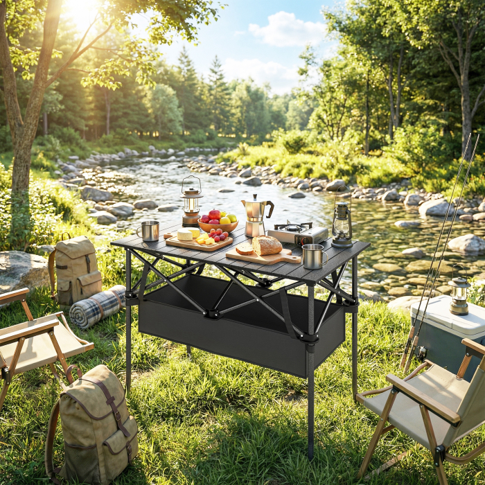 Masa de Picnic Pliabila si Portabila  cu Plasa de Depozitare si Geanta de Transport, pentru Camping si Exterior, Neagra [8]