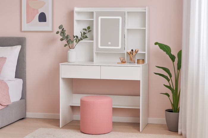 Masa de toaleta cu oglinda, iluminare LED reglabila, 2 sertare, MDF, 90x40x145 cm, alb [4]