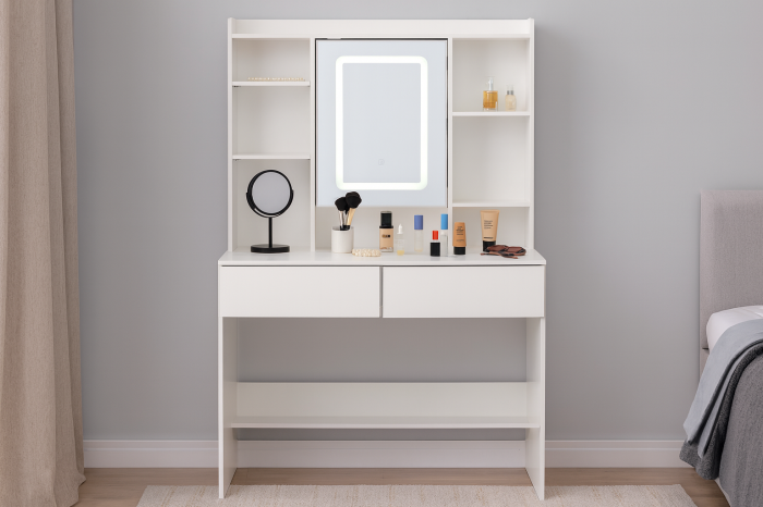 Masa de toaleta cu oglinda, iluminare LED reglabila, 2 sertare, MDF, 90x40x145 cm, alb [9]