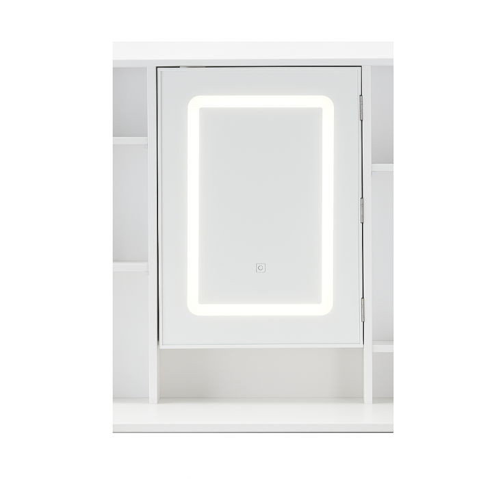 Masa de toaleta cu oglinda, iluminare LED reglabila, 2 sertare, MDF, 90x40x145 cm, alb [7]