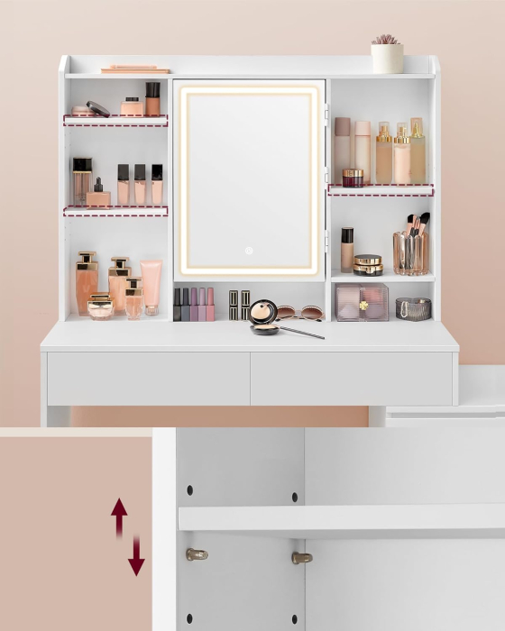 Masa de toaleta cu oglinda, iluminare LED reglabila, 6 sertare, 118x40x145 cm, alb [4]