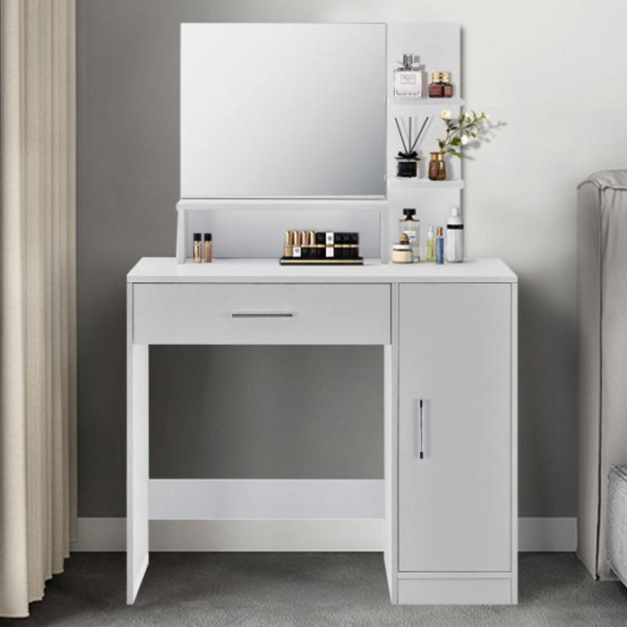 Masa de toaleta cu oglinda, sertar, dulap si rafturi, 90x38x138 cm, alb [1]