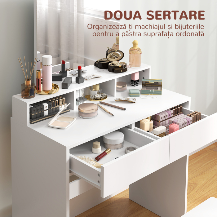  Masa de Toaleta cu Taburet, Masa de Machiaj cu Oglinda, 3 Rafturi, 2 Sertare, din Lemn, 75x38x135 cm, Alb [6]