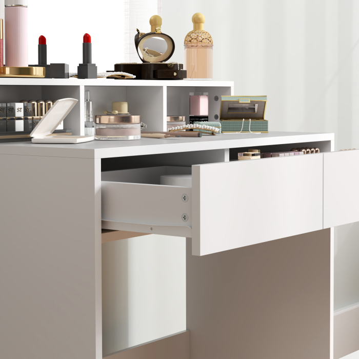  Masa de Toaleta cu Taburet, Masa de Machiaj cu Oglinda, 3 Rafturi, 2 Sertare, din Lemn, 75x38x135 cm, Alb [9]