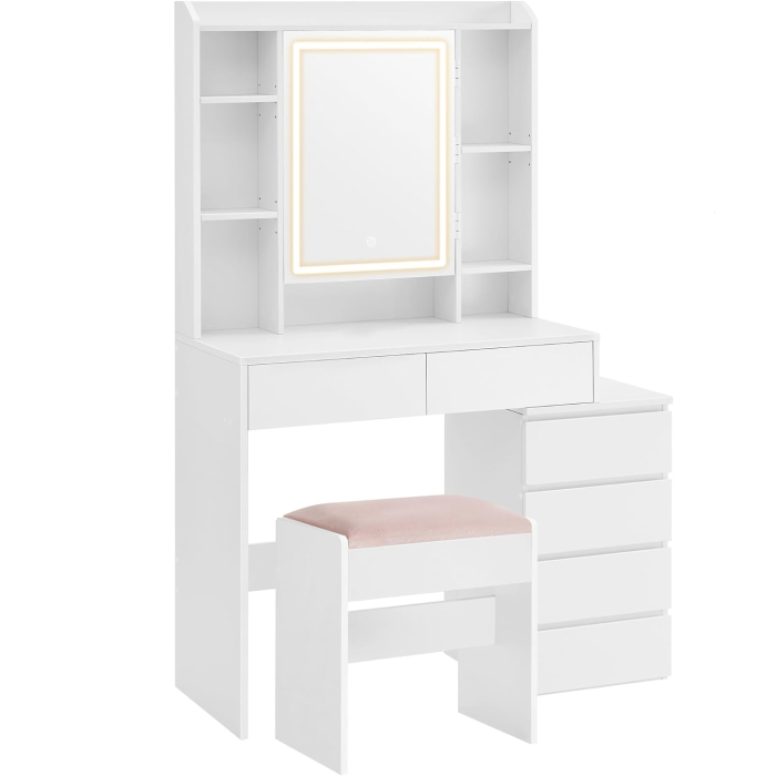 Masa de toaleta cu taburet si oglinda, iluminare LED reglabila, 6 sertare, 98x40x145 cm, alb [2]