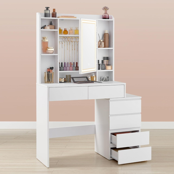 Masa de toaleta cu taburet si oglinda, iluminare LED reglabila, 6 sertare, 98x40x145 cm, alb [5]