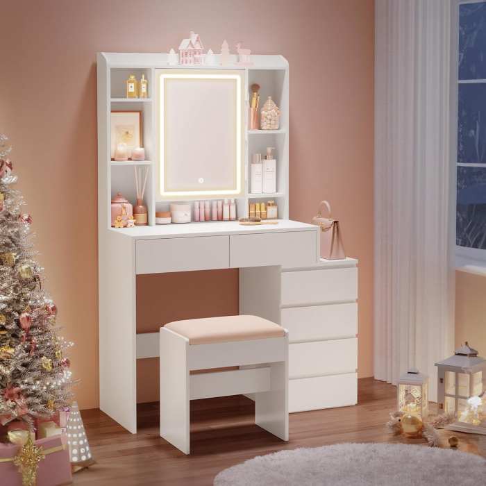 Masa de toaleta cu taburet si oglinda, iluminare LED reglabila, 6 sertare, 98x40x145 cm, alb [12]